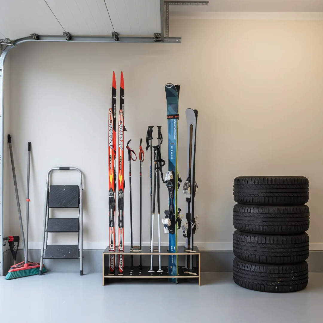 Supporto in legno combinato per sci alpini, da fondo e bastoncini